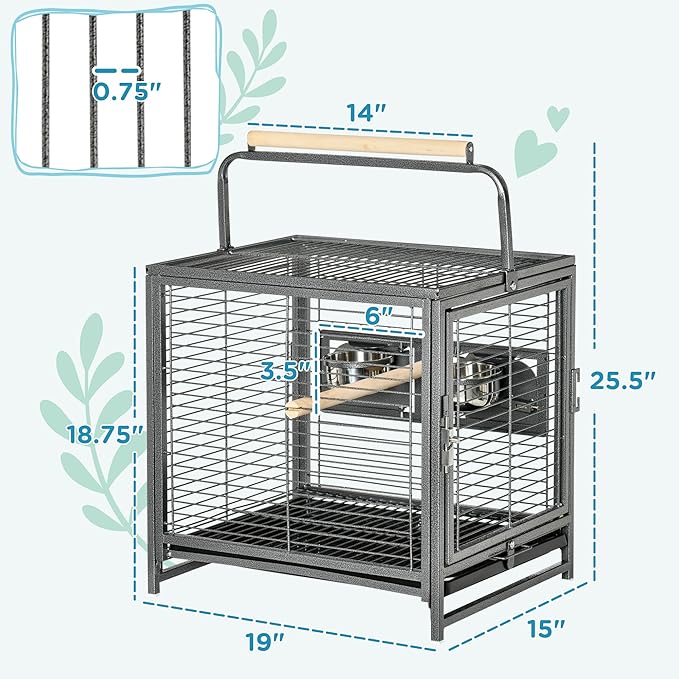 PawHut 18" Heavy Duty Wrought Iron Travel Bird Cage Carrier with Handle Perch and Accessories - Black