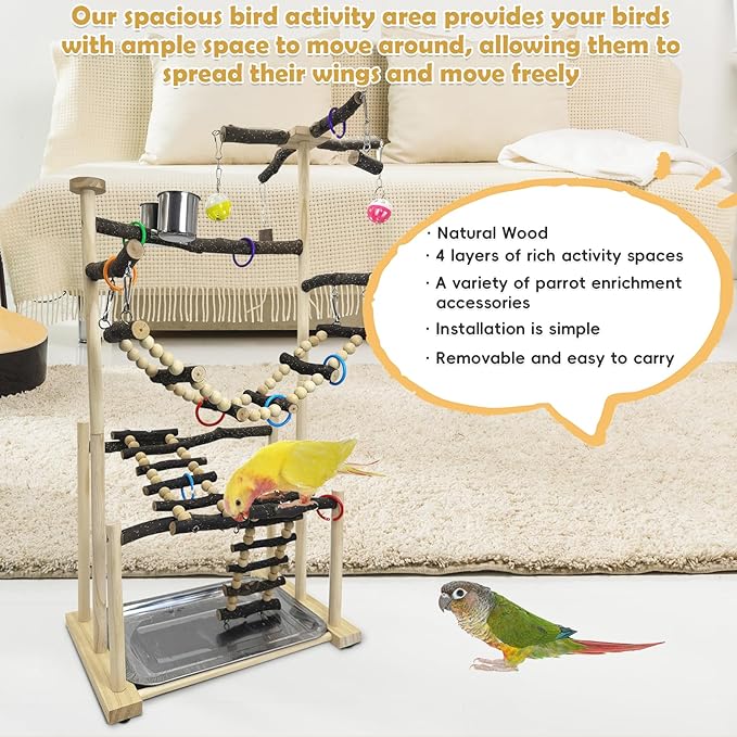 kathson Large Bird Playground - Natural Wood Perch Gym 4 Layers Parrot Playstand Activity Center with Perches Ladder Chew Toys Removable Tray and 2 Stainless Steel Cups for Small and Middle Birds