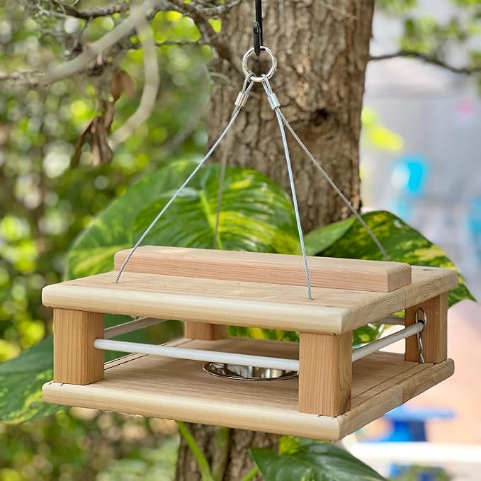 DutchCrafters Cedar Wood Covered Hanging Bluebird Feeder for Mealworms with Food Cup, Enclosed Wooden Dried Mealworm Feeder for Bluebirds for Outdoors