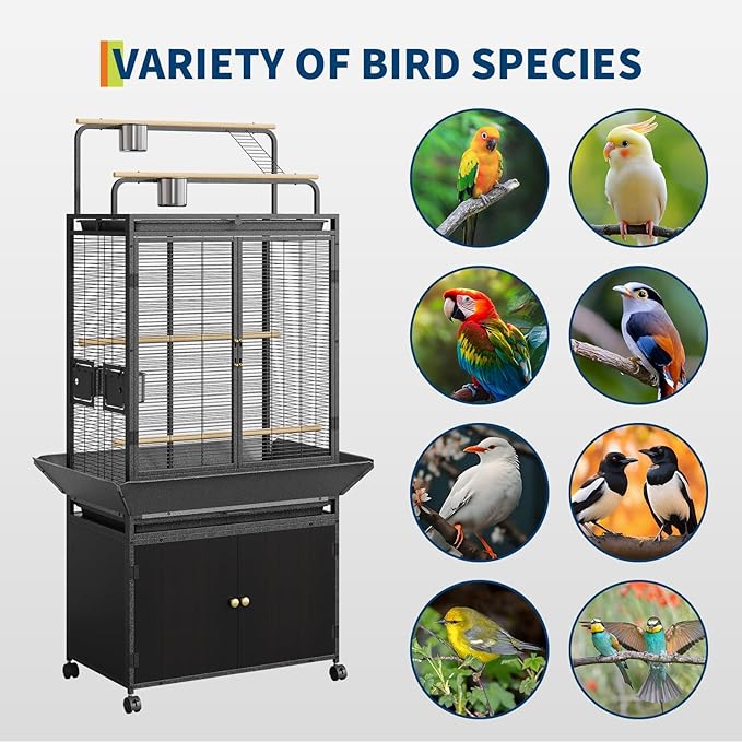 GarveeLife Large Bird Cage, Parakeet Cage with Play Top & Storage Cabinet, Indoor Outdoor Birdcage for Parrot, Cockatiel, Macaw Budgie, Black Walnut Wood