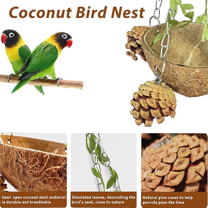 PINVNBY Natural Coconut Shell Bird Nest for Cage Coconut Fiber with Warm Pad Coconut Hide Bird Swing Toys for Bird Conure, Budgie, Cockatiel, Lovebird, Sugar Glider, Canary, Hamster