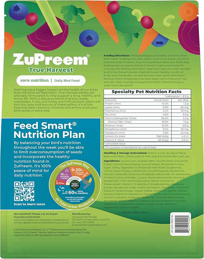 ZuPreem True Harvest Bird Food, Bird Feed Pellets for Parakeets, Budgies, Parrotlets, & Doves, Added Vitamins, Parakeet Food, Budgie Feed, Made in the USA (Small, 2.25 lb Bag)