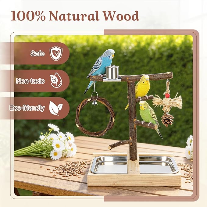 Bird Playground,Natural Wooden Parrot Play Stand with Swing,Chew Toys,Feeding Cups,Bird Perch Suitable for Small and Medium Birds Like Parakeets, Budgerigars,Cockatiels