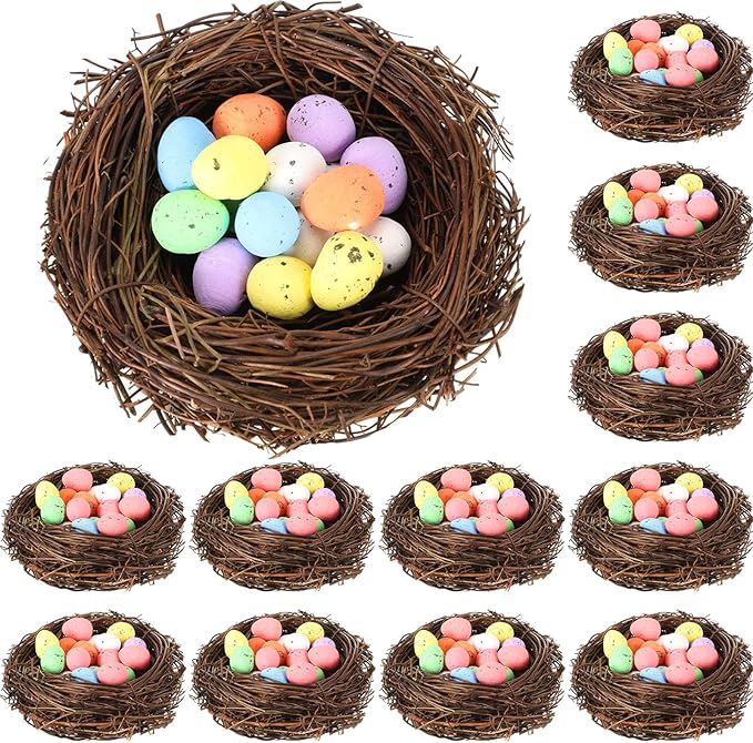 Simgoing 12 Pcs Birds Nests with 100 Pcs Easter Eggs, Mini Artificial Bird Nest for Crafts, Easter, Party, Wedding, Faux Rattan Nest Decorating(3.9 Inch)
