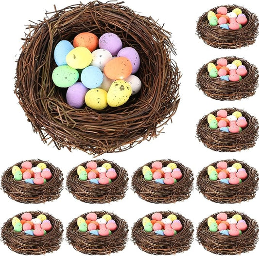 Simgoing 12 Pcs Birds Nests with 100 Pcs Easter Eggs, Mini Artificial Bird Nest for Crafts, Easter, Party, Wedding, Faux Rattan Nest Decorating(3.9 Inch)