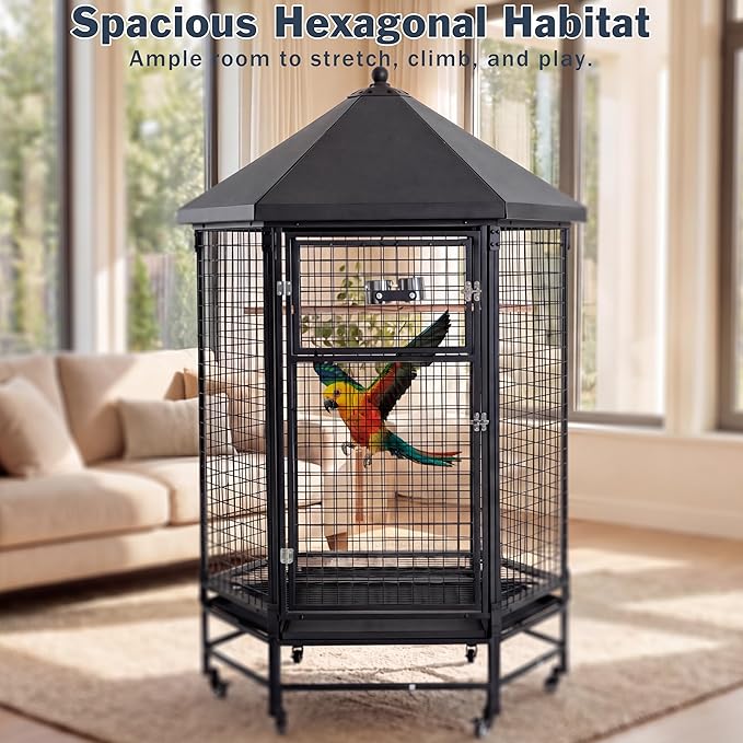 69" Extra Large Bird Cage for Parrots, Heavy Duty Metal Aviary on Wheels with Rolling Stand & Slide-Out Trays for African Greys, Cockatoos, Conures, Macaws, Indoor Outdoor, Black