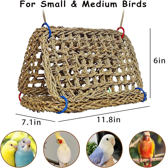 Tfwadmx Large Bird Seagrass Hammock, 3Pcs 7x11.8in Seagrass Mat for Birds, Hanging Parrot Toys, Counre House Hut Hideout for Parakeets, Lovebirds, Budgies, Cockatiels