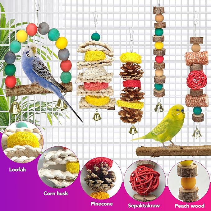 JOREWOOD 7 Pcs Natural Wood Bird Toy & Perch for Parakeets, Cockatiel & Lovebird, Budgie Play Accessory for Small Parrots Indoor Cage