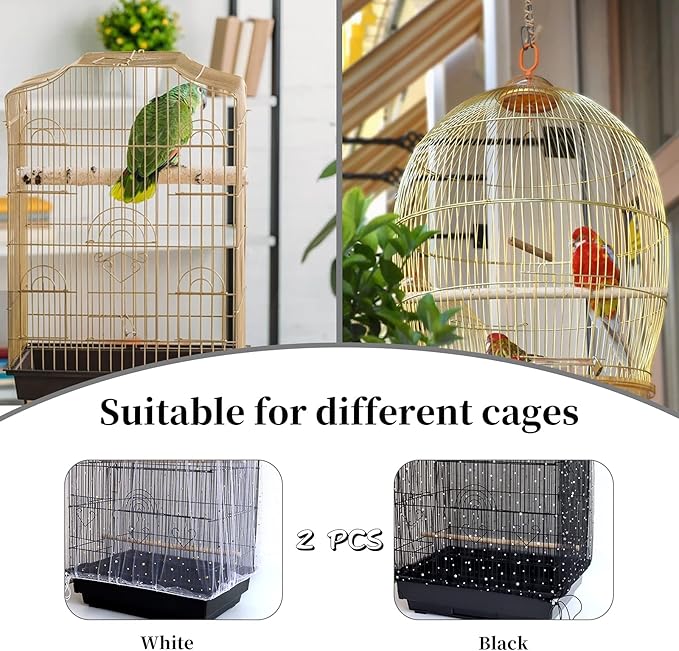 Daoeny 2Pcs Adjustable Bird Cage Cover, Upgraded Airy Nylon Mesh Parrot Net with Sequins, Universal Seed Feather Catcher, Soft Birdcage Cover Skirt Sheer Guard for Parakeet Macaw Round Square Cages