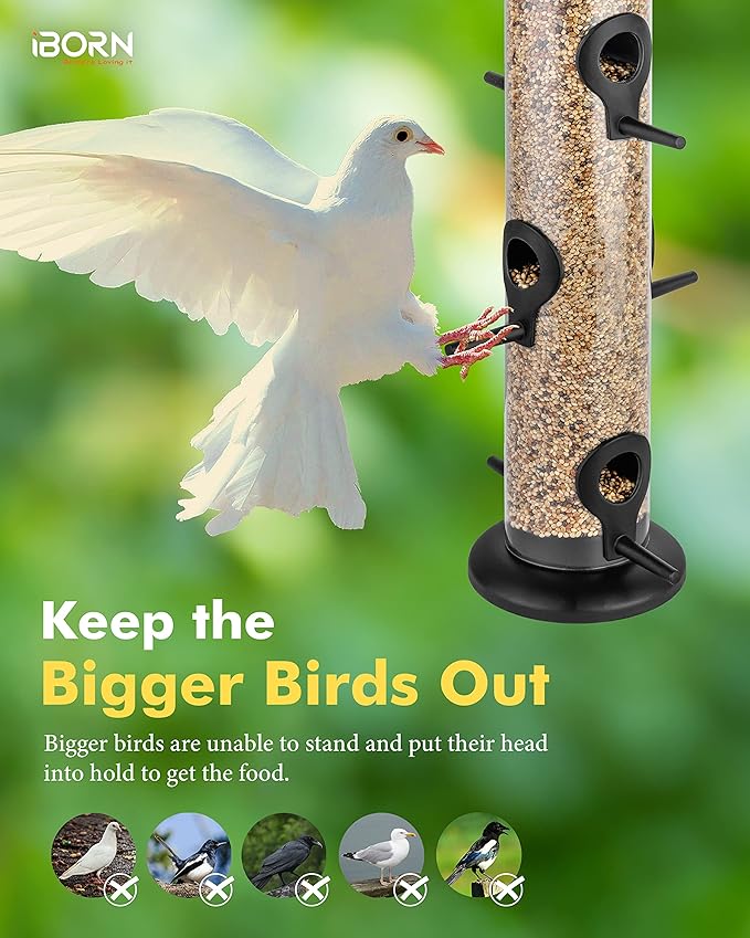 iBorn Metal Bird Feeder Hanging Wild Bird Seed Feeder for Mix Seed Blends Heavy Duty All Metal Black Finish,15 Inch 6 Port,Pack of 2