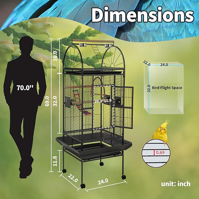 68'' Large Parrot Cage, Large Bird Cages for Parrots,Conure Cage for Birds, Cockatiel Cage with Play Top,Feeders,Slide-Out Tray,Seed Catcher,Birdcage Toys for Cockatoo,African Grey,Lovebird