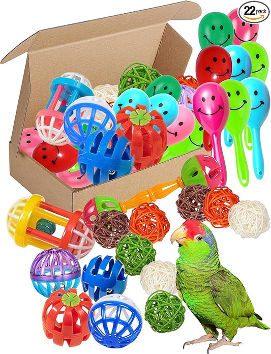 22-Pack Bird Toys for Parakeets & Small Birds – Colorful Cage Fun with Bells & Rattan Balls (1.6'' - 5.5'')
