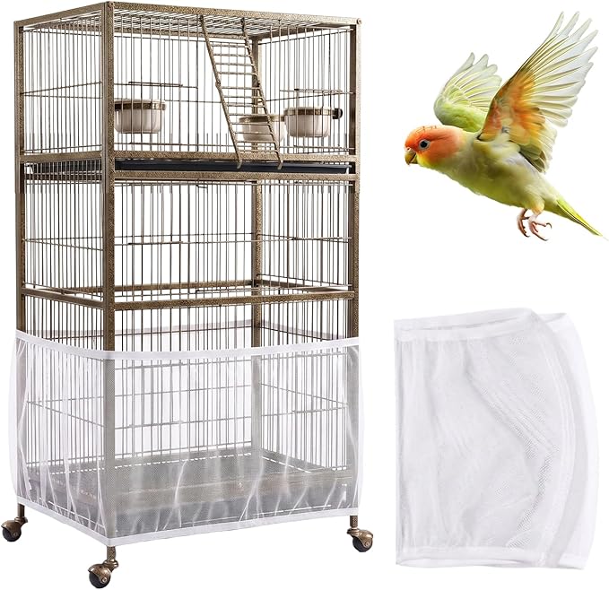 Bird Cage Cover,Bird Cage Seed Catcher,Durable Airy Nylon Mesh Net, Adjustable Birdcage Cover Skirt Seed Guard for Parrot Cockatiel Parakeet Pigeon Big Round Square Cages(White)