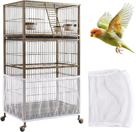 Bird Cage Cover,Bird Cage Seed Catcher,Durable Airy Nylon Mesh Net, Adjustable Birdcage Cover Skirt Seed Guard for Parrot Cockatiel Parakeet Pigeon Big Round Square Cages(White)