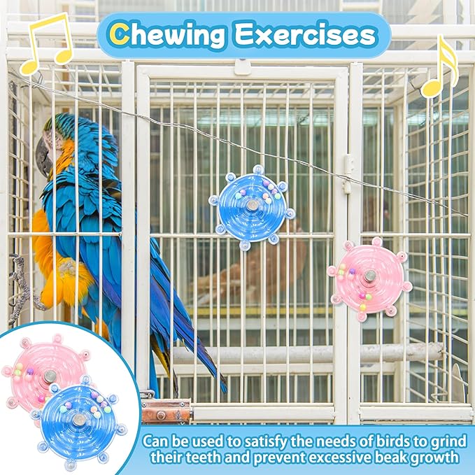 2 Colors Bird Toys for Parrots, Small Bird Cage Toys with Spinning Rattle, Hanging Roller Parakeet Cage Accessories for Chewing Exercise, Budgie Entertainment (Pink and Blue)