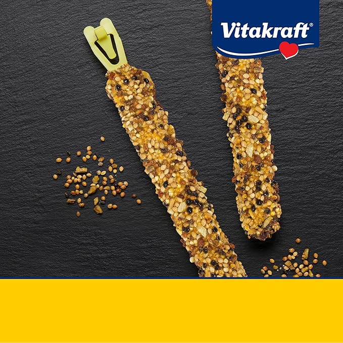 Vitakraft Crunch Sticks Parakeet Treat – 2 Sticks – Sesame and Banana Flavor - Triple Baked with Natural Wood Chew Center - Added Vitamins and Minerals with Cage Clip Holder