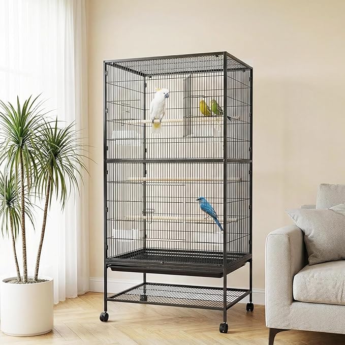GarveeHome 60" H Large Bird Cage, Bird Cage with Rolling Storage Stands, Feed Bowls, Wide Tall Parakeet Cage for Parrots, Conures, Cockatiel, Cockatoo