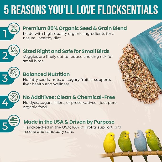 Organic Parakeet Food - No Fillers, Fatty Seeds, or Dyes - Budgies, Lovebirds & Parrotlets - Premium Human Grade Seed Mix, Grain & Wholesome Veggies – Made in USA (2 lbs)