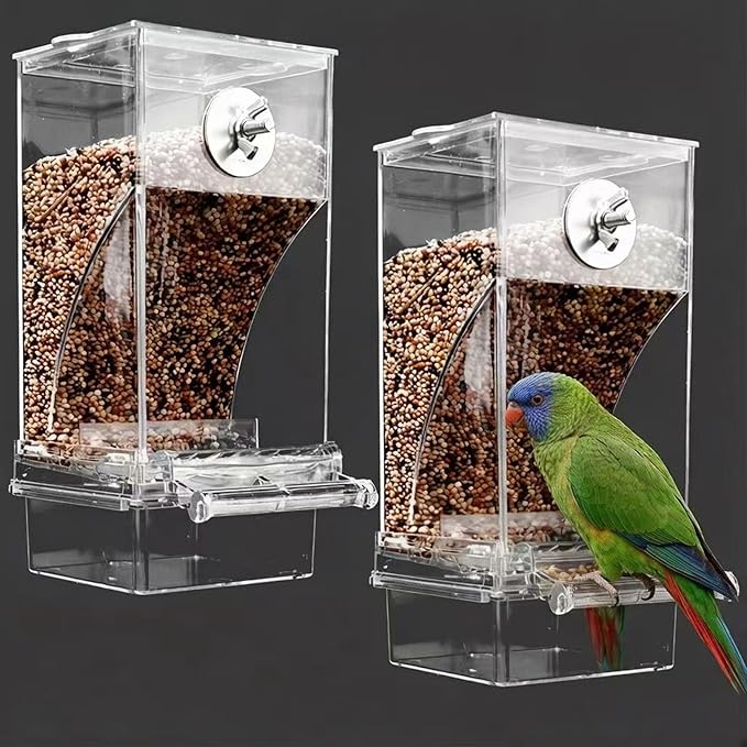 No Mess Bird Feeder for Cage, Automatic No-Spill Transparent Parrot Feeder Acrylic Cockatiel Seed Feeders with PerchParakeet Food Container Cage Accessories for Small Medium Cockatoo Finch