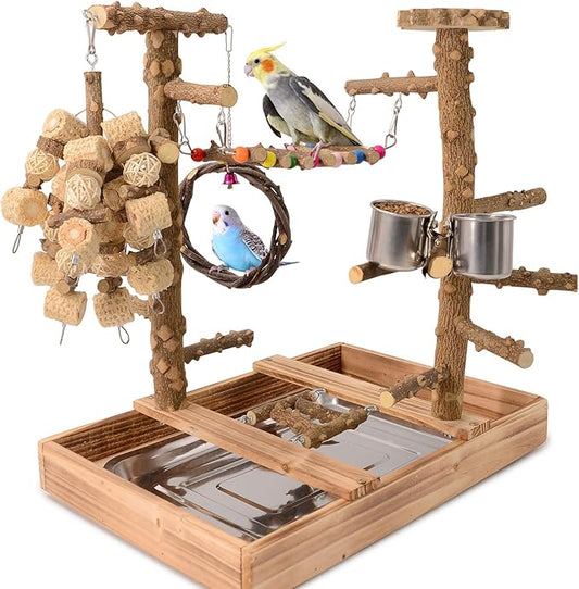 Natural Wood Bird Perch Stand, Multi-Layer Parrot Playground Gym with Feeding Cups and Toys, Real Branch Activity Center for Cockatiels, Parakeets, Conures, Budgies, Tabletop and Cage Top Use