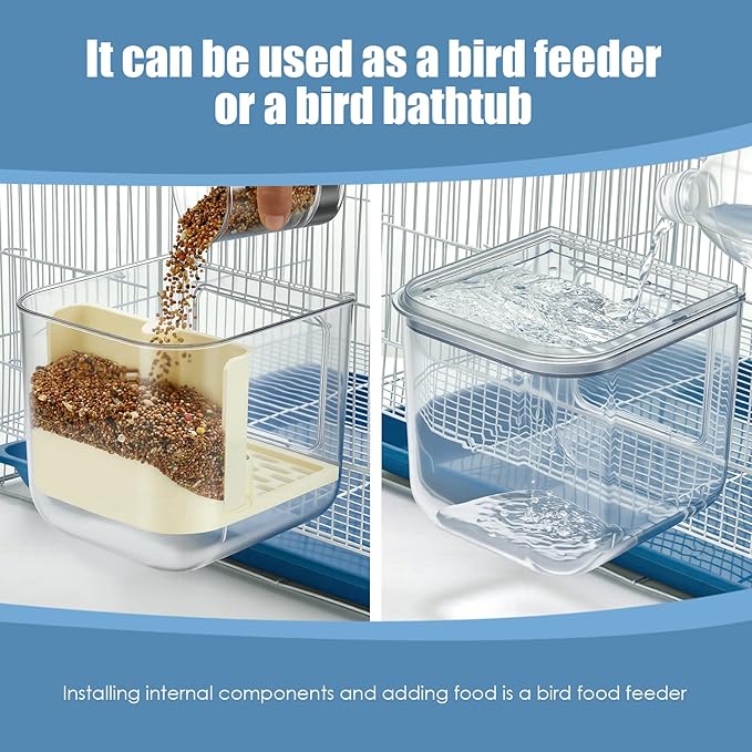 No Mess Automatic Bird Feeder, 2-in-1 Large Capacity Feeding Bowl for Birdcage, Multifunctional Food Container and Bathtub, Transparent Seed Food Container (Transparent)