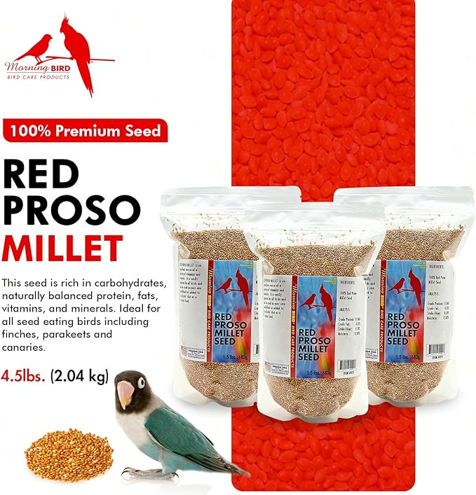 Morning Bird Red Proso Millet 4.5 lbs (3-Pack, 1.5 lbs Each) – Natural Bird Seed – Supports Feather Growth & Balanced Nutrition – Great Flavor, Energy Dense - Ideal for Finches, Parakeets & Pet Birds