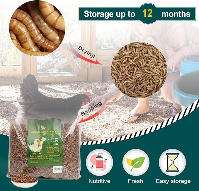 11LBs Non-GMO Dried Mealworms,High-Protein Larvae Treats Feed Molting Supplement for Birds Hens Ducks etc,Large Bulk Meal Worms Birds Chicken Food