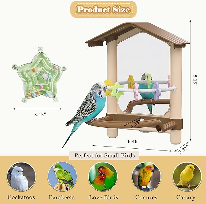 2-in-1 Bird Mirror with Perch Stand and Rotating Star Toy with Sound, Parakeet Cage Accessories Set for Small Birds, Budgies and Cockatiels, Secure Twist-Lock Installation