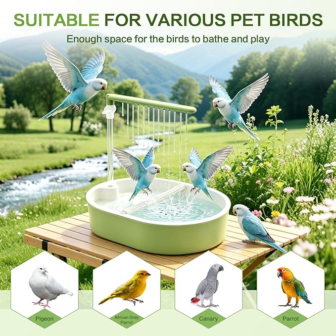 Automatic Bird Bath with Quiet Pump,Parakeet Bird Bathtub for Cage with Adjustable Shower Head & Water Flow Valve,Large Bird Baths Detachable for Easier Cleaning,BPA-Free