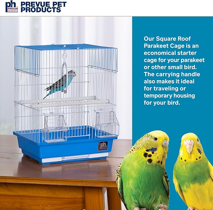 Prevue Pet Products Parakeet Square Roof Bird Cage with Handle - Carrier for Home or Travel, Small Bird Accessories, Easy Storage, for Canaries, Budgies, Finches, Parakeets, and More - Blue & White