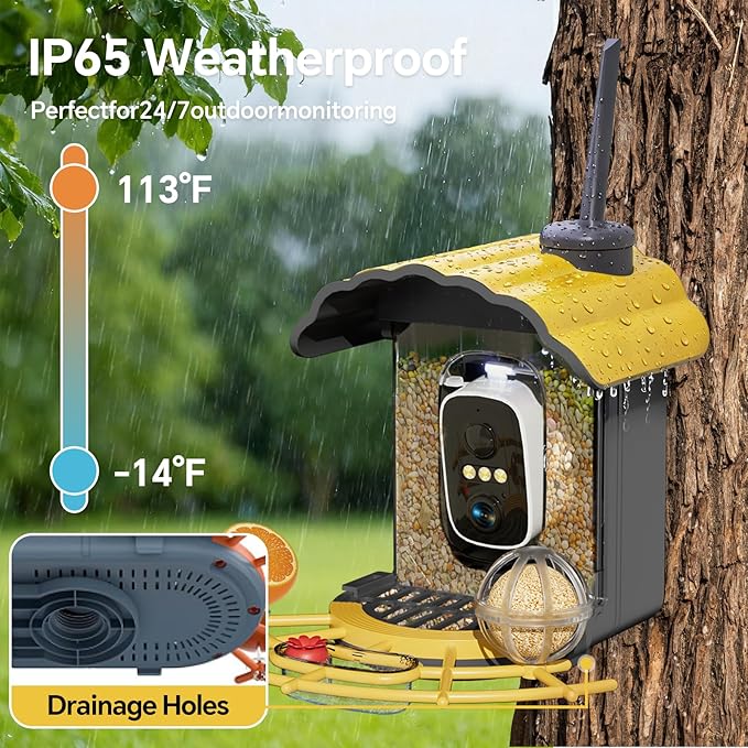 Smart Bird Feeder with Camera: Hummingbird Feeder with Solar Powered for Outdoors, Bird House with 2K HD Video & AI Bird Species Identification, Arrival Alerts, Gift for BirdLovers - Yellow