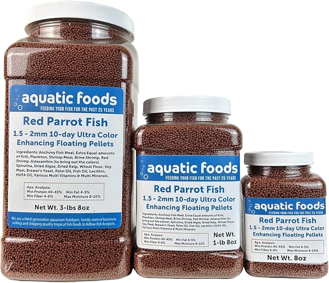 Red Parrot Fish Ultra Red Color Enhancing 1.5mm-2mm Floating Pellets. Color Enhancing in 10-Days for Baby, Juvenile and Adult Red Parrots…3-lbs 8oz Large Jar