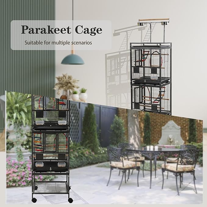 68" Double Bird Cage,Stackable Divided Parakeet Cage, Parrot Cages for Medium Birds with Bird cage Toys,Birdcage Seed Catcher,for Cockatiels Canaries Lovebirds Finches Budgies Small Parrots