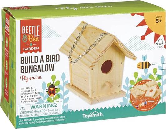 Beetle & Bee Build A Bird Bungalow - DIY Kid Art Craft Outdoor Birdhouse Kit, House Painting Kit for Kids, Hardware Glue Included- 4 Paints, 1 Brush, 7 Wooden Pcs, Chain For Tree Hanging Age 5+