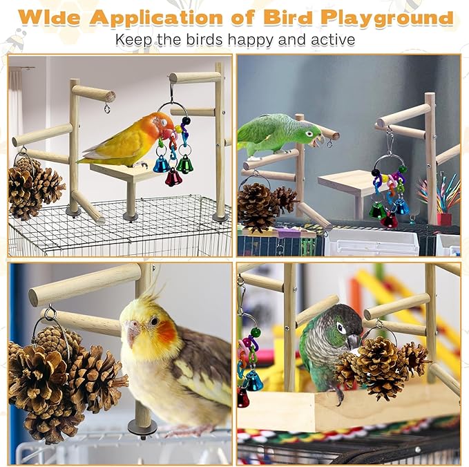 PINVNBY 3 PCS Wooden Small Bird Playground for Top of Cage, Wood Parrot Stands Perch Birds Gym with Hanging Chewing Toys Bird Cage Accessories for Parakeet Conure Love Birds Budgie