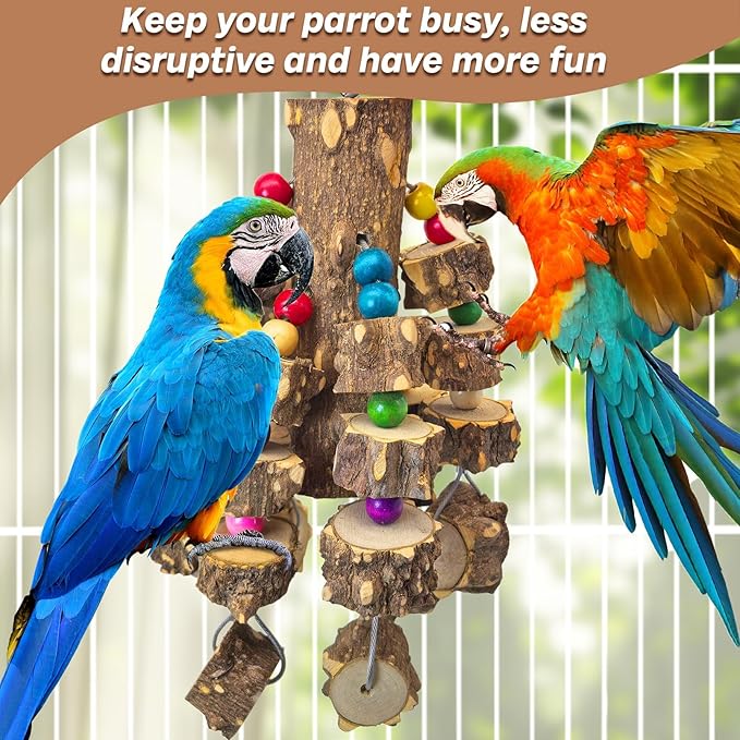 PINVNBY Wood Parrot Toys for Birds, Wire Link Durable Macaw Toys Large Natural Wooden Blocks Chew Toy for Small and Middle Parrots African Grey Macaws Cockatiels Eclectus
