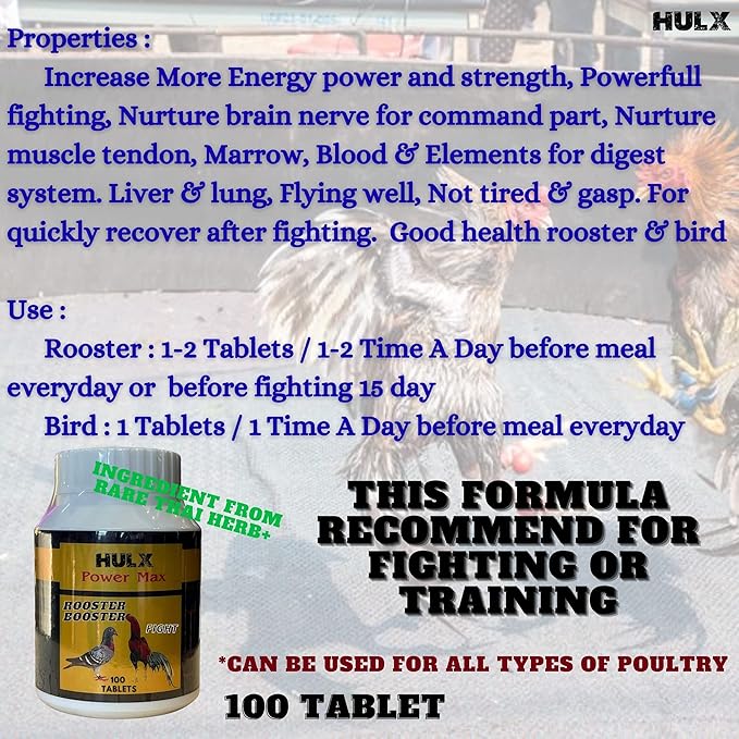 HULX Power MAX 100 Tablets, Long Term Strengher & Energy Formula Rooster Booster Vitamins Health Chicken Supplement Good Health, Build Muscle, Blood Feed All Poultry Bird Hen Food