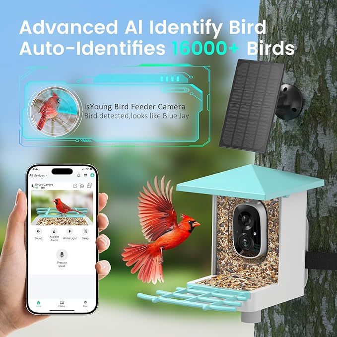 Smart Bird Feeder with Camera, AI Identify 16,000+ Birds, 5W Solar, 170° View, Motion Detection – Ideal Gift for Bird Lovers
