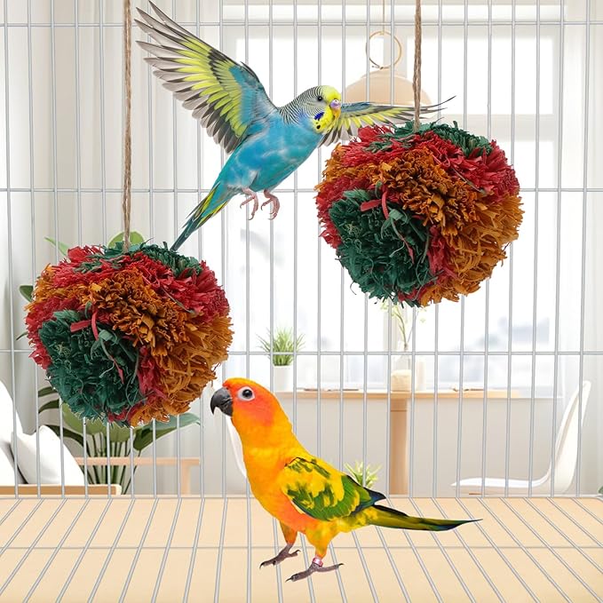 Hypeety 4” Colorful Shredding Ball Bird Toys for Parrots Funny Crinkles Foraging Toys for Birds Easy to Hang Natural Shredder Ball Chew Toys for Cockatiels Conures Parakeets Budgies (2 Packs)
