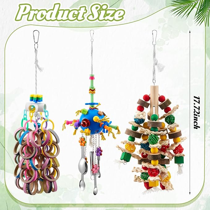 Seenelling 3 Pcs Extra Large Bird Parrot Toy Multicolored Natural Wooden Parrot Cage Chewing Toys for Large Medium Macaws Cockatoos African Grey Birds (Ring and Ball)