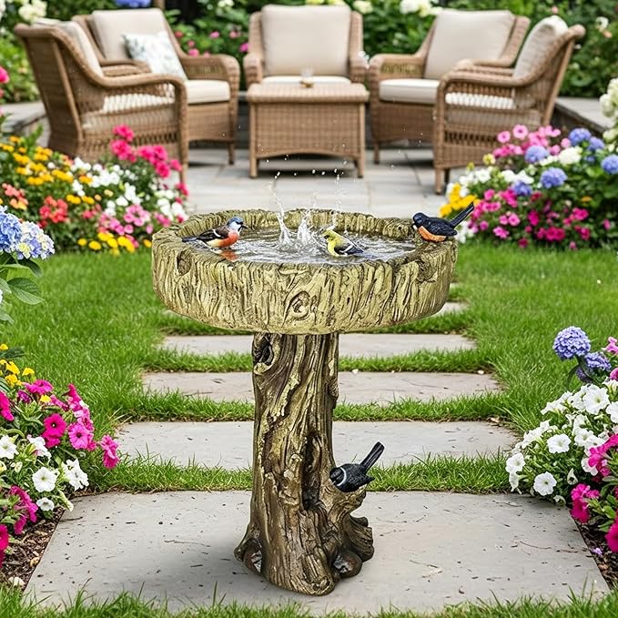 SKYFIRE Bird Baths for Outdoor - 24.4" Tall Pedestal Birdbath with Bird, Fibre Reinforced Concrete with Woodland Tree Trunk Décor Modern and Durable,Bird Bath for Outside, Garden, Patio,Lawn,Backyard