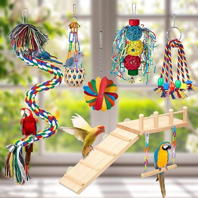 6 Pcs Parakeet Cockatiel Bird Toys, Parrot Swing Chewing Hanging Toys, Colorful Style Parrots Cage Accessories, Interactive Chew & Climb Play Set (Interactive Style)