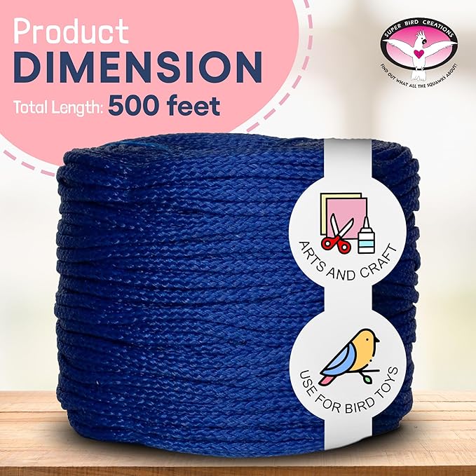 Super Bird Creations SB50027 Braided Polly Rope - Ideal for Making Bird Toys & Crafting - Hollow Polyethylene Cordage - 1/8" Diameter & 500 Meters Long - Ideal for Parrots - Vibrant Blue