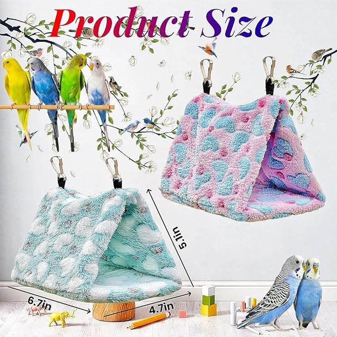 2 Pack Warm Bird Nest Plush Snuggle Bird Hammock Hanging Bird Cave Parrot Sleeping Bed Shed Hut Hanging Tent for Budgies Finch Parakeet Cockatiel Cockatoo Lovebird-Loving Heart (Pink&Green)