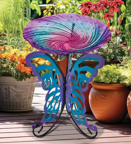 Regal Art & Gift 25" Bird Bath with Decorative Stand - Durable Glass Bowl with Heavy-Duty Metal Stand, Easy to Fill, Ideal for Patio, Porch & Garden Décor - Butterfly