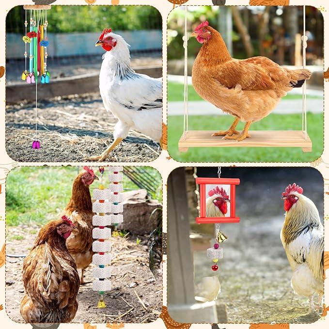 Soulchen 6 Pieces Chicken Toys for Coop Chicken Wind Chime Enrichment Toys Kits Chick Mirror with Bells Swing Hanging Chick Beak Grinding Calcium Stone for Coop Hens Chicks Poultry Birds Parrots