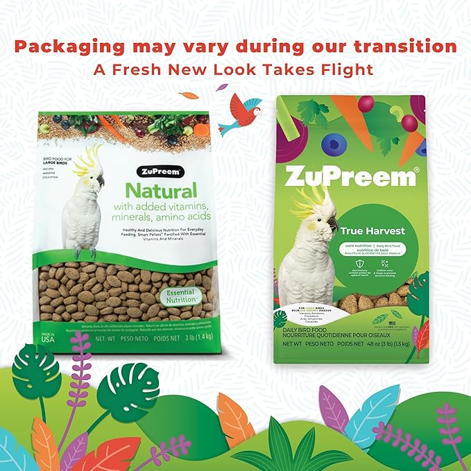 ZuPreem True Harvest Bird Food, Daily Bird Feed Pellets for Amazons, Cockatoos & Macaws, ZuPreem Core Nutrition, Made in USA, Added Vitamins, Cockatoo Food, Macaw Feed, (Large, 3 lb Bag)