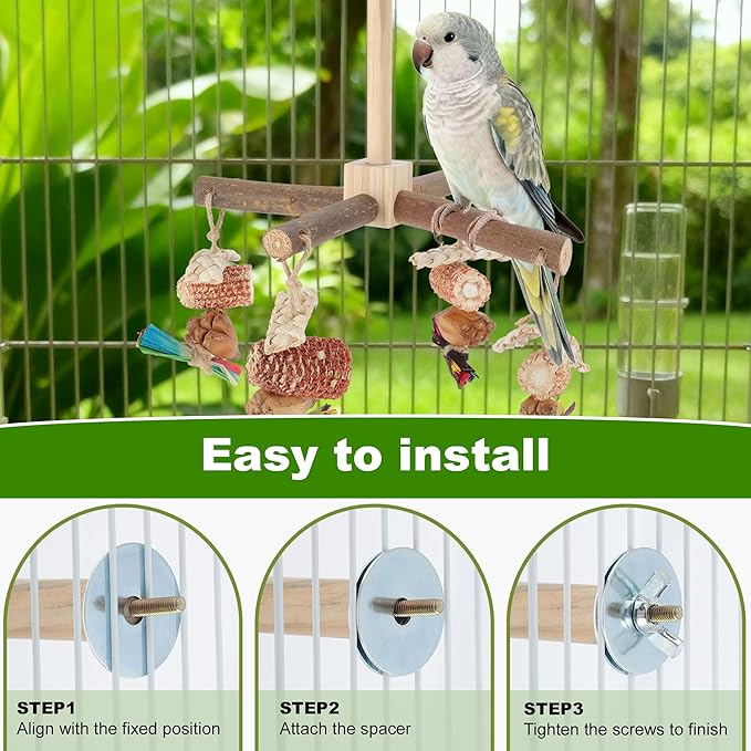 Rotating Bird Perches, Natural Wooden Perch with Chew Toy, Bird Toys for Small & Medium Birds, Large, Natural Wood Color, 1 Set