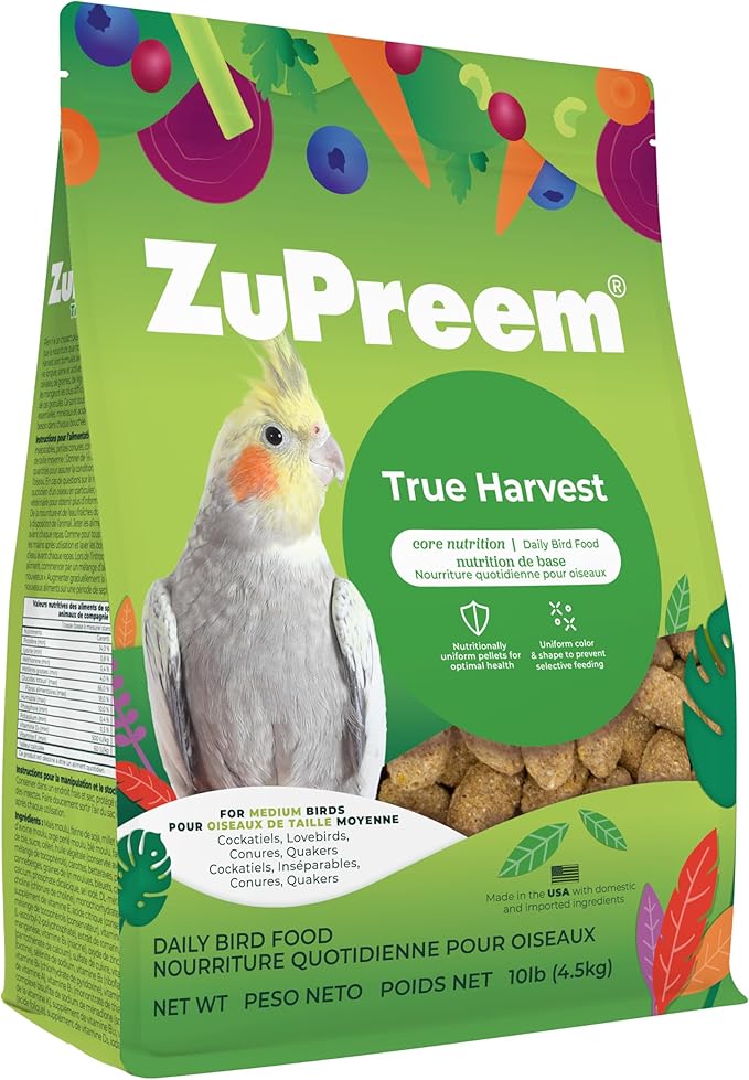 ZuPreem True Harvest Bird Pellets, Daily Bird Food for Cockatiel, Lovebird, Quaker, Small Conure, Lorikeet, Core Nutrition for Medium Birds, Added Vitamins, Cockatiel Pellets (M, 10 lbs)