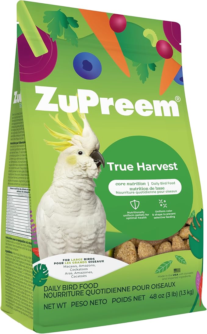 ZuPreem True Harvest Bird Food, Daily Bird Feed Pellets for Amazons, Cockatoos & Macaws, ZuPreem Core Nutrition, Made in USA, Added Vitamins, Cockatoo Food, Macaw Feed, (Large, 3 lb Bag)